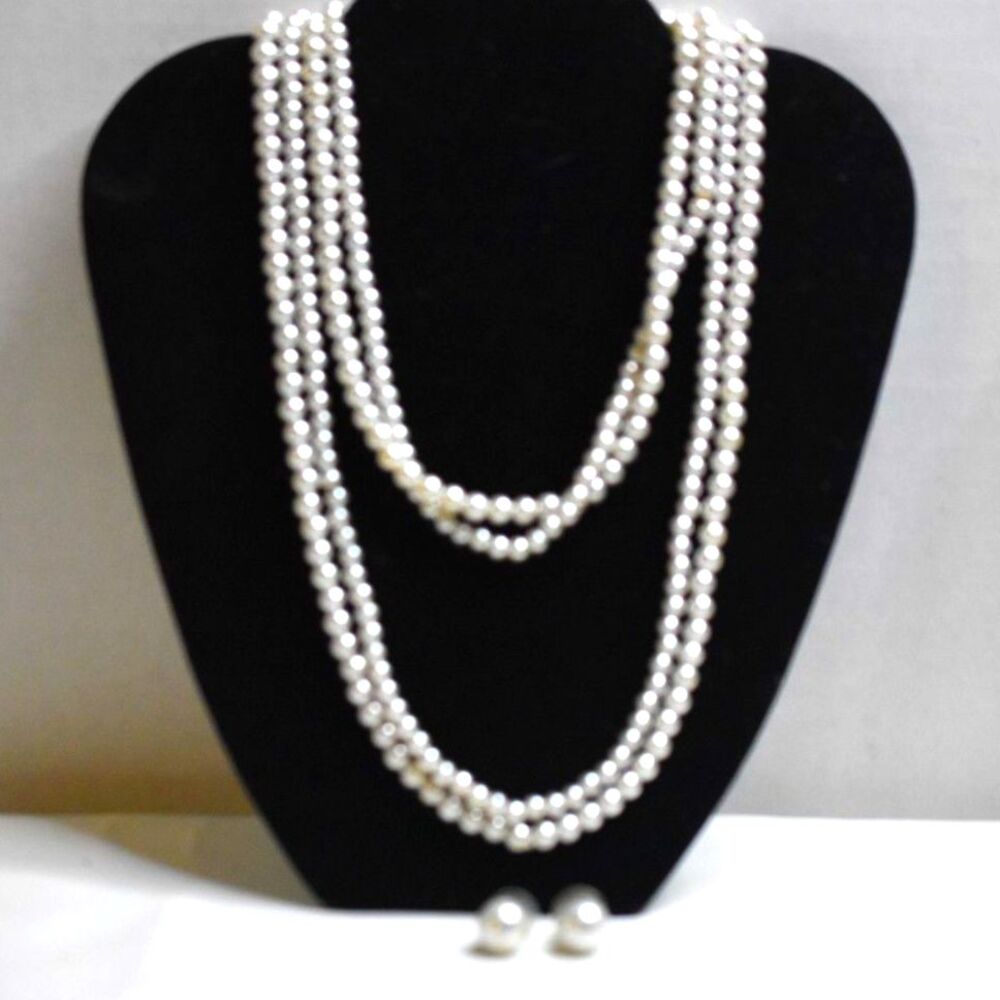 Party Glam Silver Faux Pearl Stud Earrings 2 Single Strand 36" Necklaces